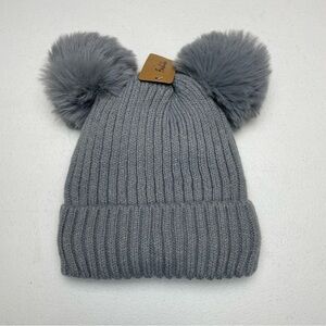 Women’s Winter Knitted Beanie Hat with Pom Poms – Warm Gray Knit Hat